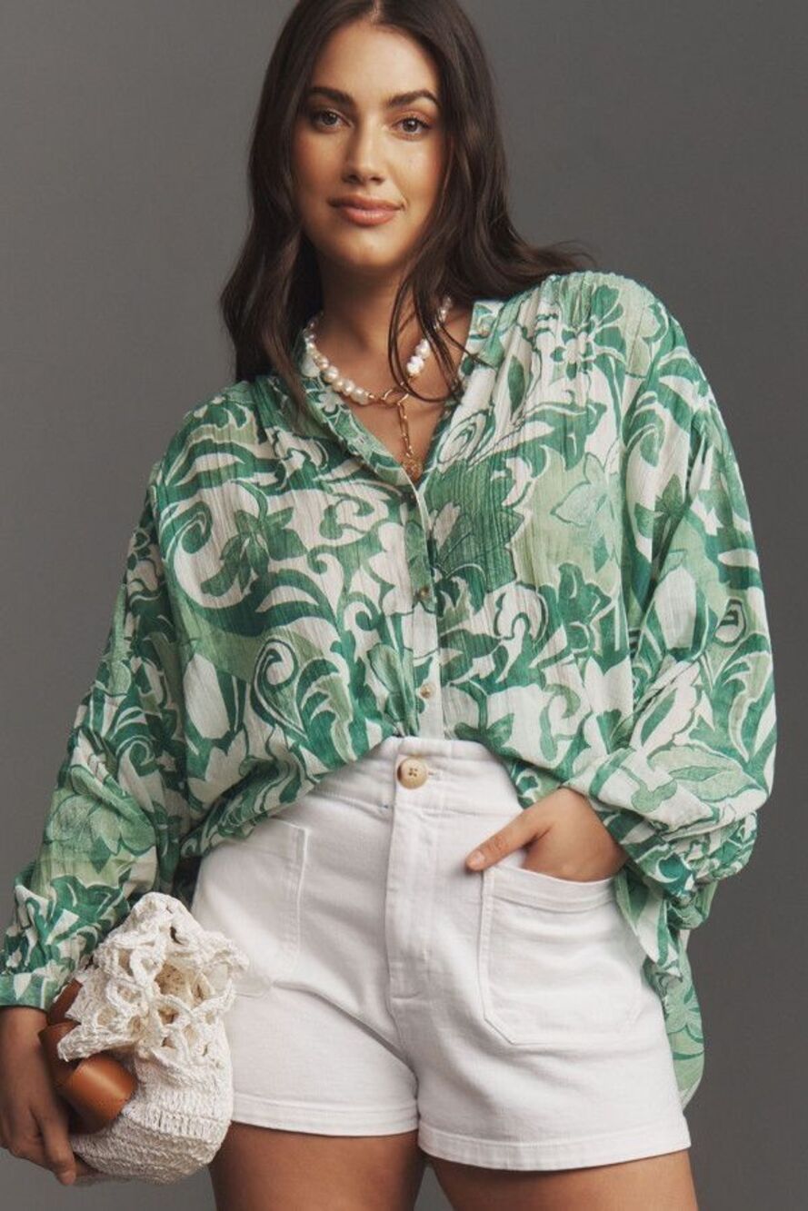 Anthropologie Pilcro Green Sydney Down Sleeves Blouse XL Petite Women